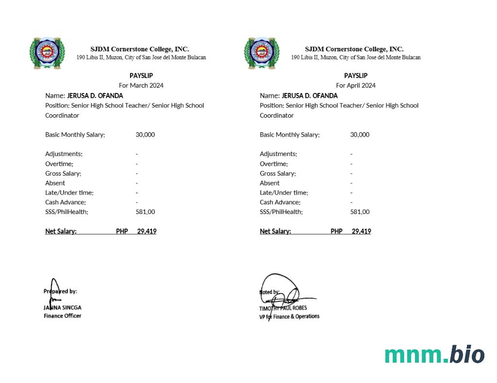 Szablon sjdm Cornerstone College payslip w formatach Word i PDF